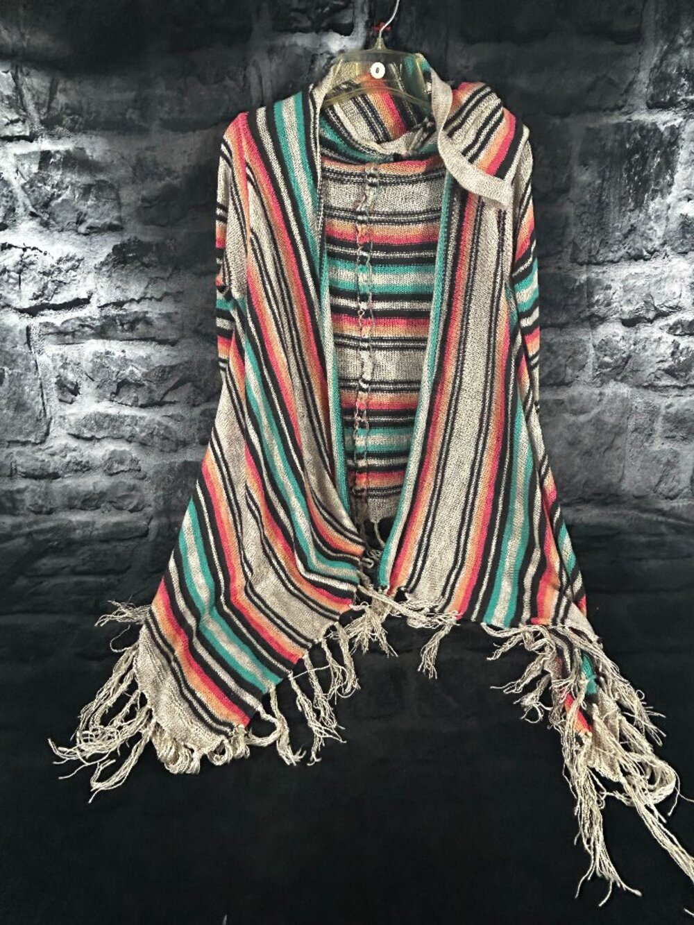 Womens Rue 21 MultiColor Striped Hooded Loose Knit Open Front Fringed Shawl Sz M